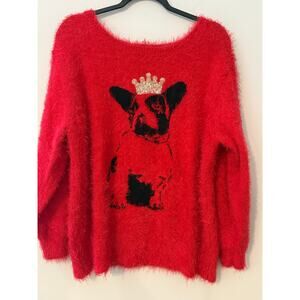 Black Rivet Sweater Size XL French Bulldog Dog Wearing Gold Bling Crown